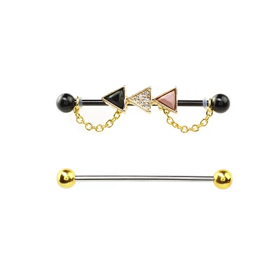 Multi-Pack CZ Black and Goldtone Triangle Chain Industrial Barbells 2 Pack - 14 Gauge