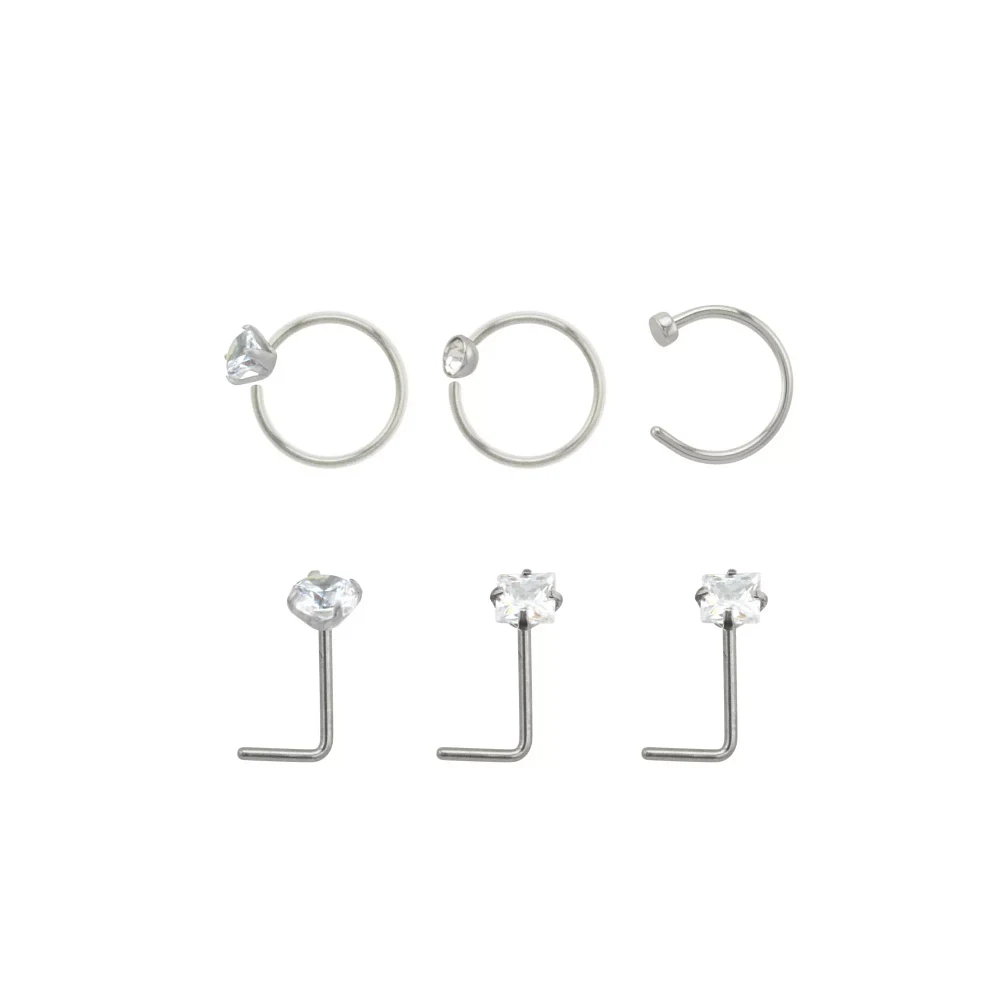 Multi-Pack Round and Square CZ L-Bend Nose Rings Hoop 6 Pack - 20 Gauge