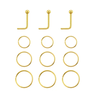Multi-Pack Goldtone L-Bend and Hoop Nose Rings 12 Pack - 20 Gauge