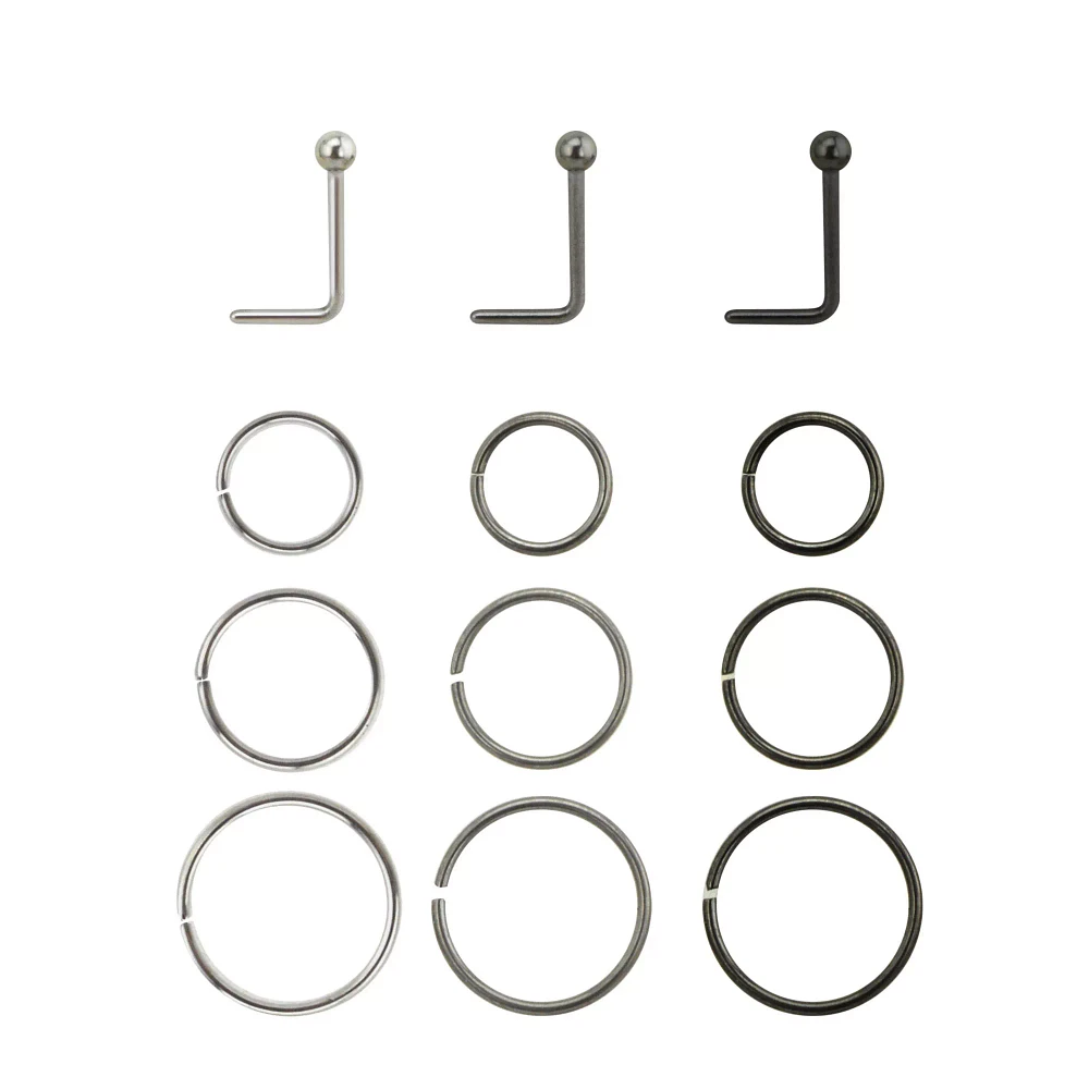Multi-Pack Silvertone and Black L-Bend Hoop Nose Rings 12 Pack - 20 Gauge