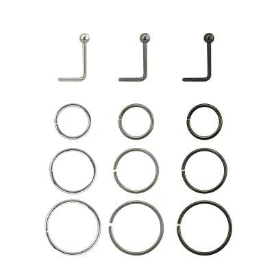 Multi-Pack Silvertone and Black L-Bend Hoop Nose Rings 12 Pack - 20 Gauge