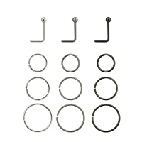 Multi-Pack Silvertone and Black L-Bend Hoop Nose Rings 12 Pack - 20 Gauge