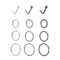 Multi-Pack Silvertone and Black L-Bend Hoop Nose Rings 12 Pack - 20 Gauge