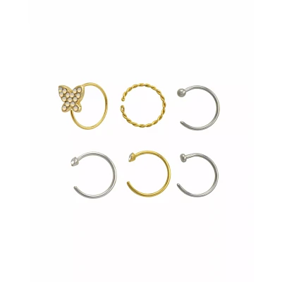 Multi-Pack CZ Butterfly Half Hoop and Hoop Nose Rings 6 Pack - 20 Gauge