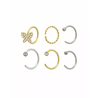 Multi-Pack CZ Butterfly Half Hoop and Hoop Nose Rings 6 Pack - 20 Gauge