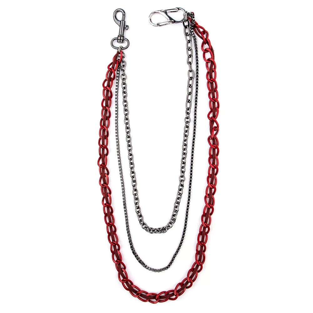 Silvertone and Red Triple Row Curb Wallet Chain