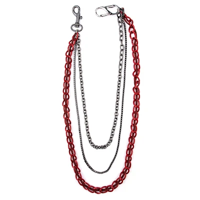 Silvertone and Red Triple Row Curb Wallet Chain