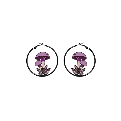 Black and Purple Mushroom Hoop Earrings - 18 Gauge