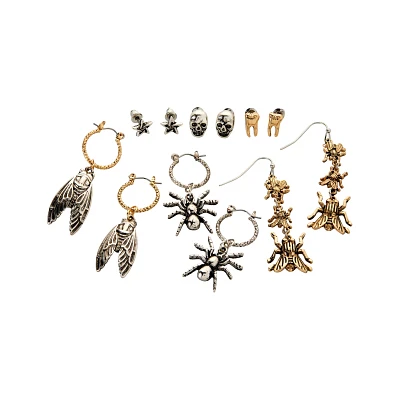 Multi-Pack Goldtone Moth Tooth and Skull Earrings - 6 Pack