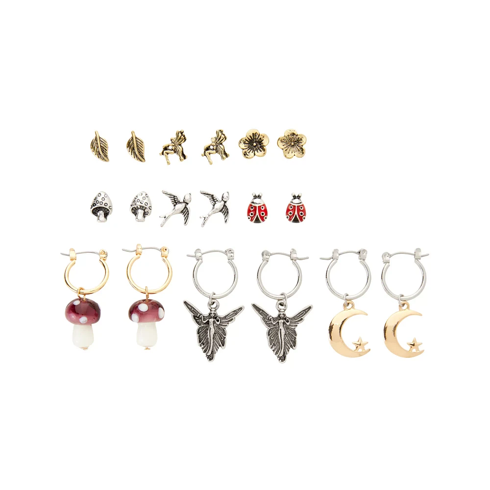 Multi-Pack Ladybug Mushroom and Fairy Earrings - 9 Pair