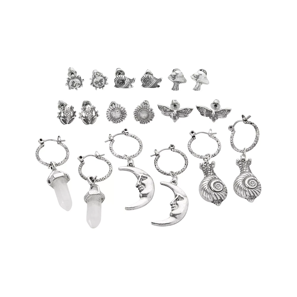 Multi-Pack Silvertone Assorted Moon Crystal Sun Earrings - 9 Pack