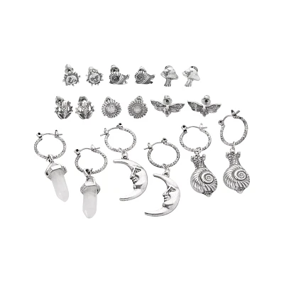 Multi-Pack Silvertone Assorted Moon Crystal Sun Earrings - 9 Pack