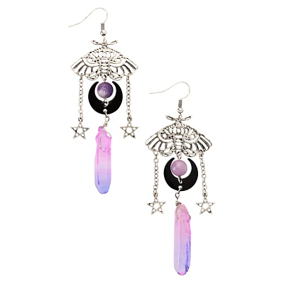 Moth Moon Crystal Pentagram Dangle Earrings