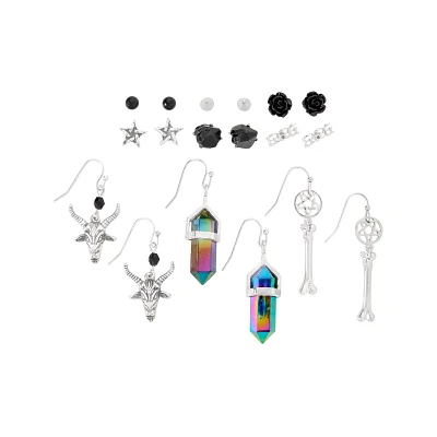 Multi-Pack Skull Crystal Bone Pentagram Earrings - 9 Pair
