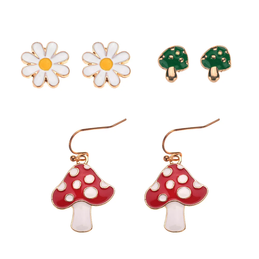 Multi-Pack Flower and Mushroom Dangle and Stud Earrings - 3 Pack