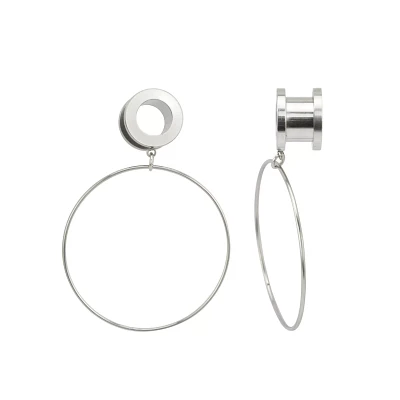 Silvertone Hoop Dangle Screw Fit Tunnels