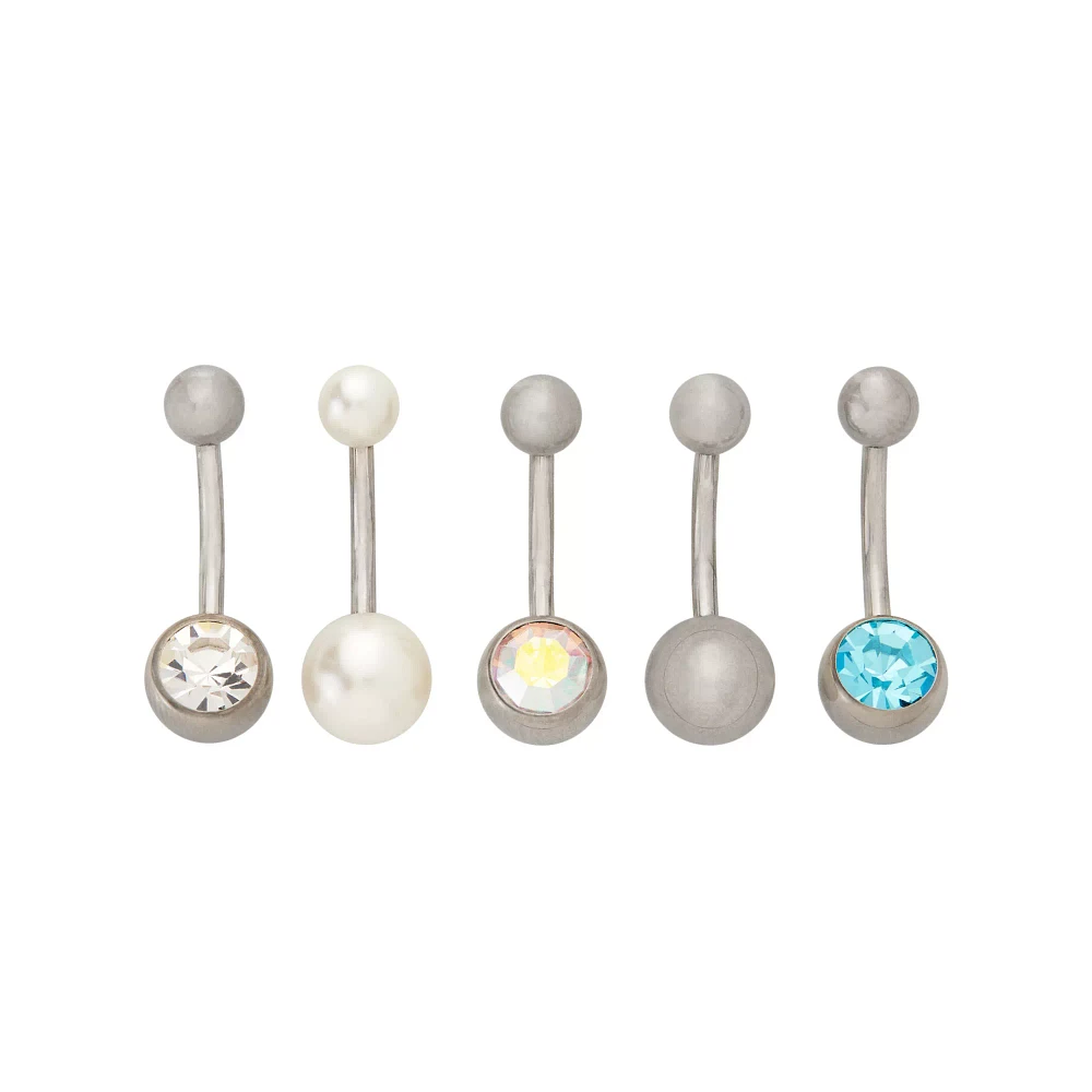 Multi-Pack CZ Blue Clear and Pearl-Effect Belly Rings 5 Pack - 14 Gauge