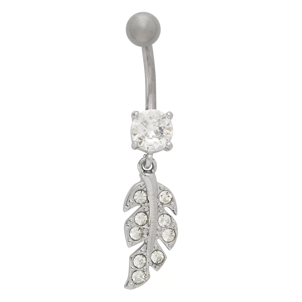 CZ Titanium Leaf Dangle Belly Ring - 14 Gauge