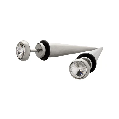 Round CZ Silvertone Fake Tapers - 18 Gauge