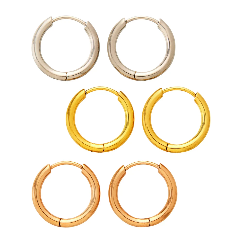 Multi-Pack Silvertone Goldtone and Rose Goldtone Hoop Earrings 3 Pair - 20 Gauge