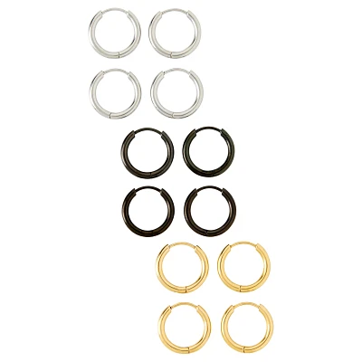 Multi-Pack Silvertone Black and Goldtone Hoop Earrings 6 Pair - 20 Gauge