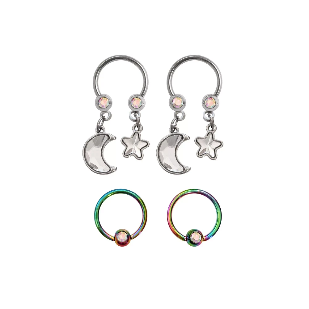 Multi-Pack Moon Dangle Horseshoe Rings 4 Pack - 16 Gauge