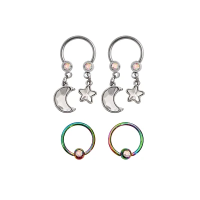 Multi-Pack Moon Dangle Horseshoe Rings 4 Pack - 16 Gauge