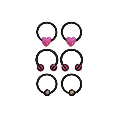 Multi-Pack Black Hearts Horseshoe Rings 6 Pack - 16 Gauge