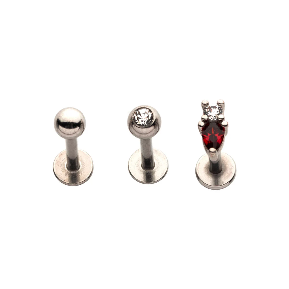Multi-Pack Red and Clear CZ Labret Lip Rings 3 Pack - 16 Gauge