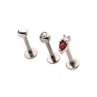 Multi-Pack Red and Clear CZ Labret Lip Rings 3 Pack - 16 Gauge