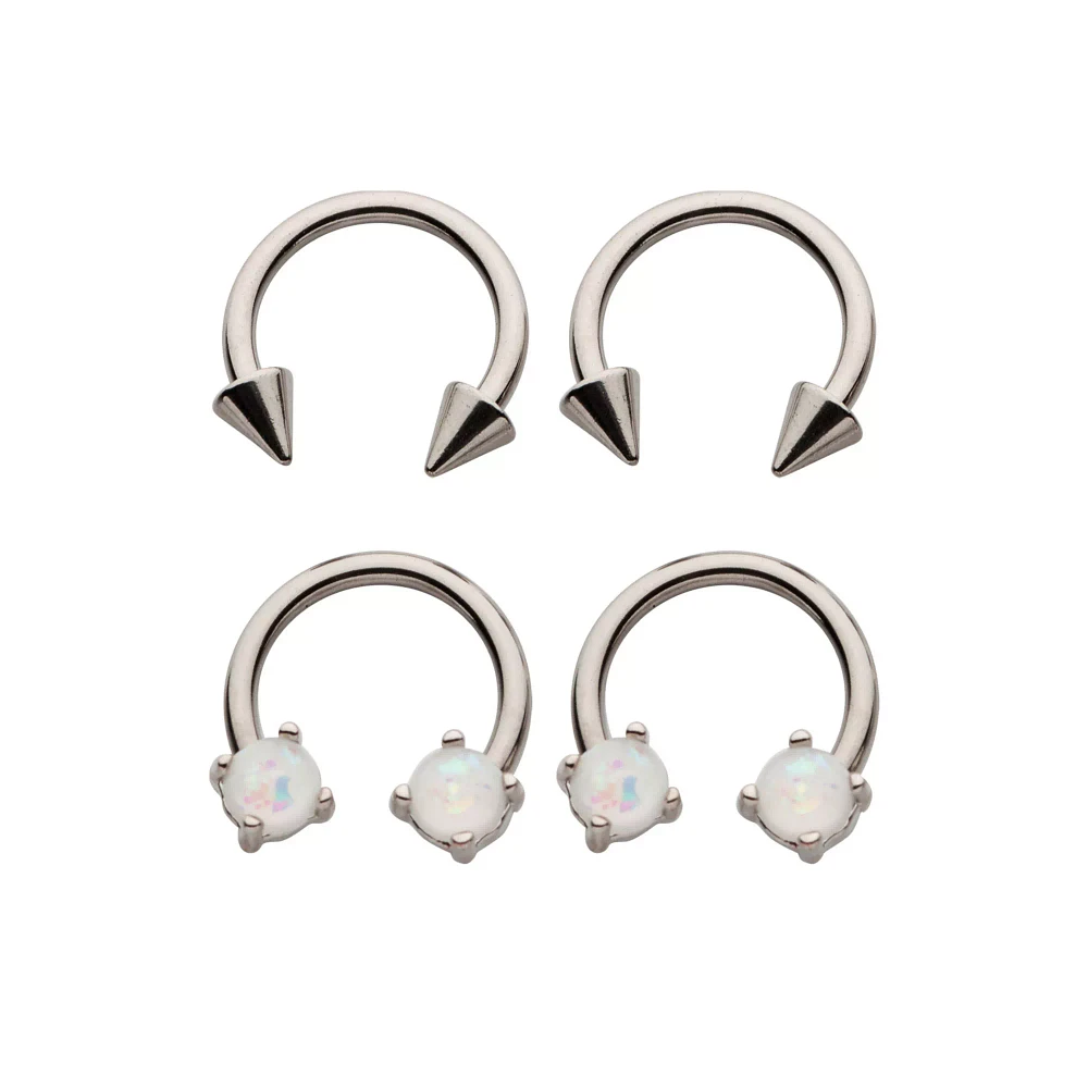Multi-Pack CZ Silvertone Spike and Aurora Borealis Square Horseshoe Rings 2 Pair - 16 Gauge