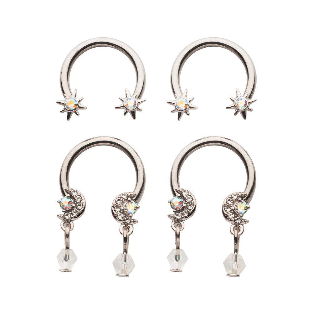 Multi-Pack Moon Gem Dangle Horseshoe Rings 4 Pack - 14 Gauge