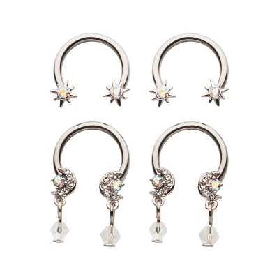 Multi-Pack Moon Gem Dangle Horseshoe Rings 4 Pack - 14 Gauge