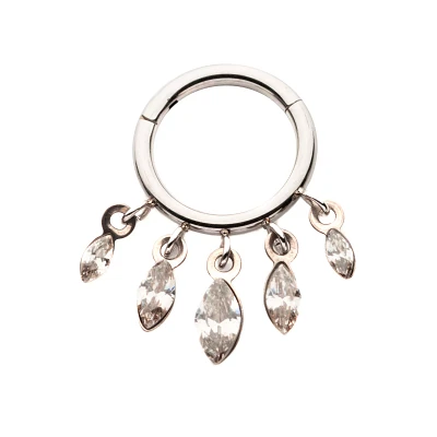 CZ  Five Gem Dangle Hinged Hoop Septum Ring - 16 Gauge