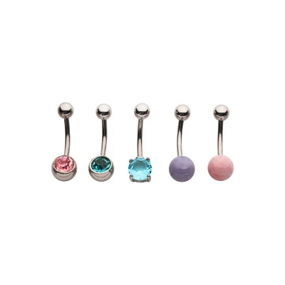 Multi-Pack CZ Pink Blue and Purple Belly Rings 5 Pack - 14 Gauge