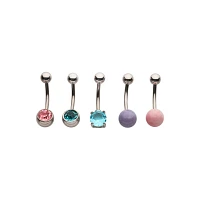 Multi-Pack CZ Pink Blue and Purple Belly Rings 5 Pack - 14 Gauge