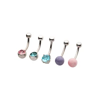 Multi-Pack CZ Pink Blue and Purple Belly Rings 5 Pack - 14 Gauge