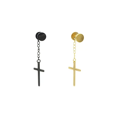 Black and Goldtone Cross Chain Dangle Fake Plugs - 18 Gauge