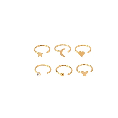 Multi-Pack CZ Goldtone Star Heart Moon Butterfly Hoop Nose Rings 6 Pack - 20 Gauge