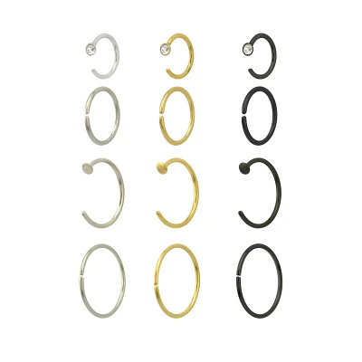 Multi-Pack CZ Goldtone and Black Hoop Nose Rings Half 12 Pack - 20 Gauge
