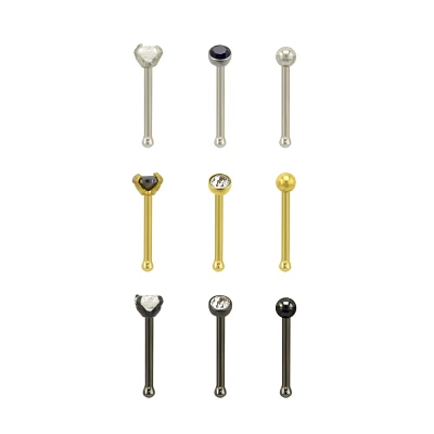Multi-Pack Round and Prong CZ Bone Nose Rings 9 Pack - 20 Gauge