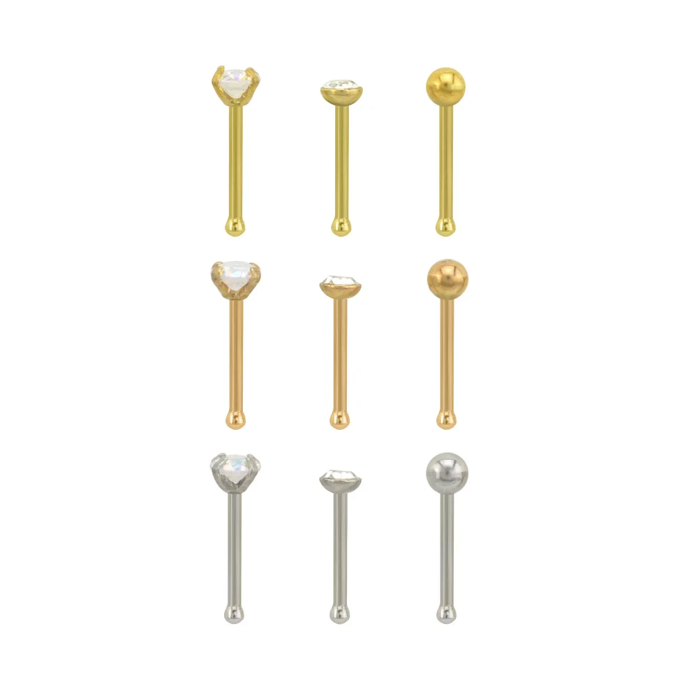Multi-Pack CZ Silvertone and Goldtone Nose Pins 9 Pack- 20 Gauge