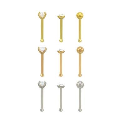 Multi-Pack CZ Silvertone and Goldtone Nose Pins 9 Pack- 20 Gauge