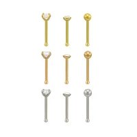 Multi-Pack CZ Silvertone and Goldtone Nose Pins 9 Pack- 20 Gauge