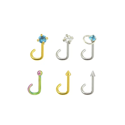 Multi-Pack Teal CZ Screw Nose Rings 6 Pack - 20 Gauge