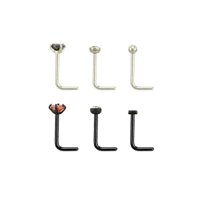Multi-Pack CZ Silvertone and Black L-Bend Nose Rings 6 Pack - 20 Gauge
