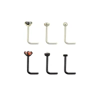 Multi-Pack CZ Silvertone and Black L-Bend Nose Rings 6 Pack - 20 Gauge