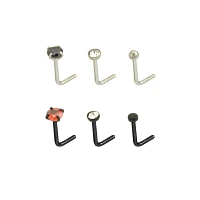 Multi-Pack CZ Silvertone and Black L-Bend Nose Rings 6 Pack - 20 Gauge