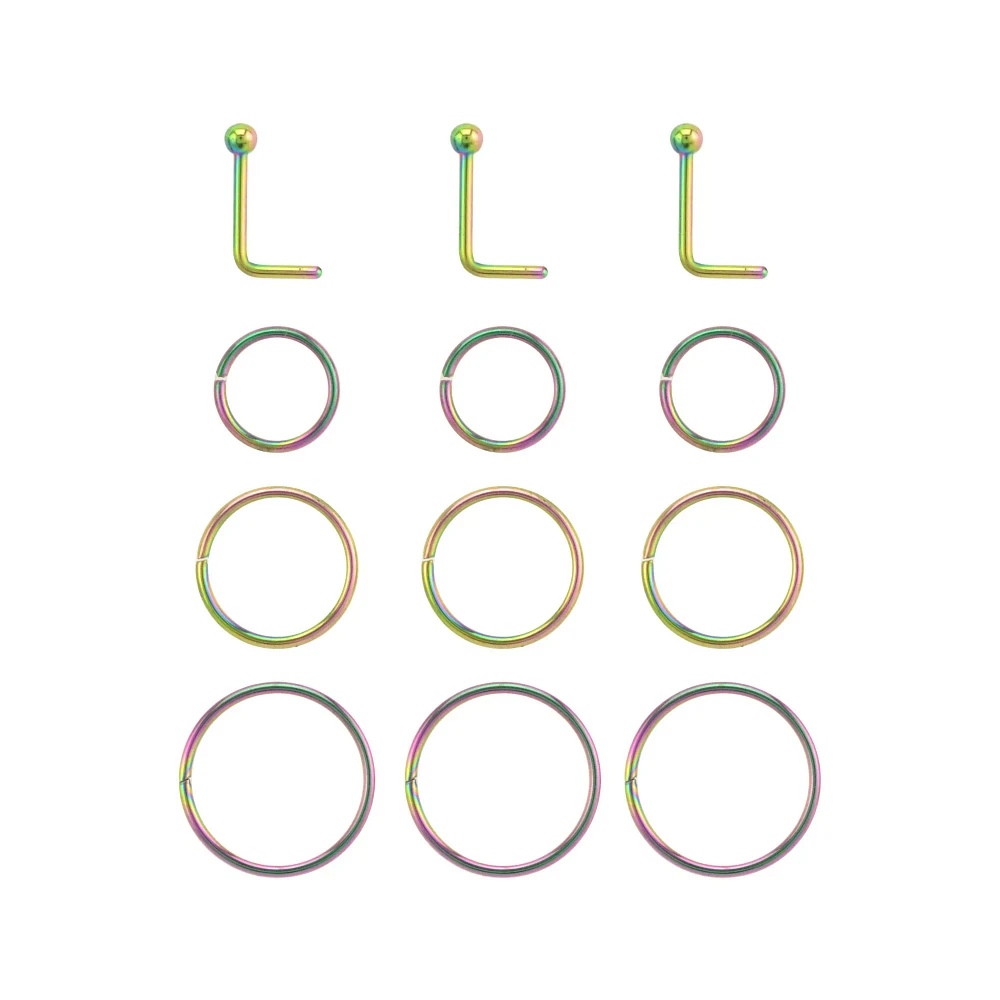 Multi-Pack Rainbow L-Bend and Hoop Nose Rings 12 Pack - 20 Gauge