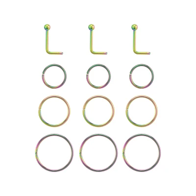 Multi-Pack Rainbow L-Bend and Hoop Nose Rings 12 Pack - 20 Gauge